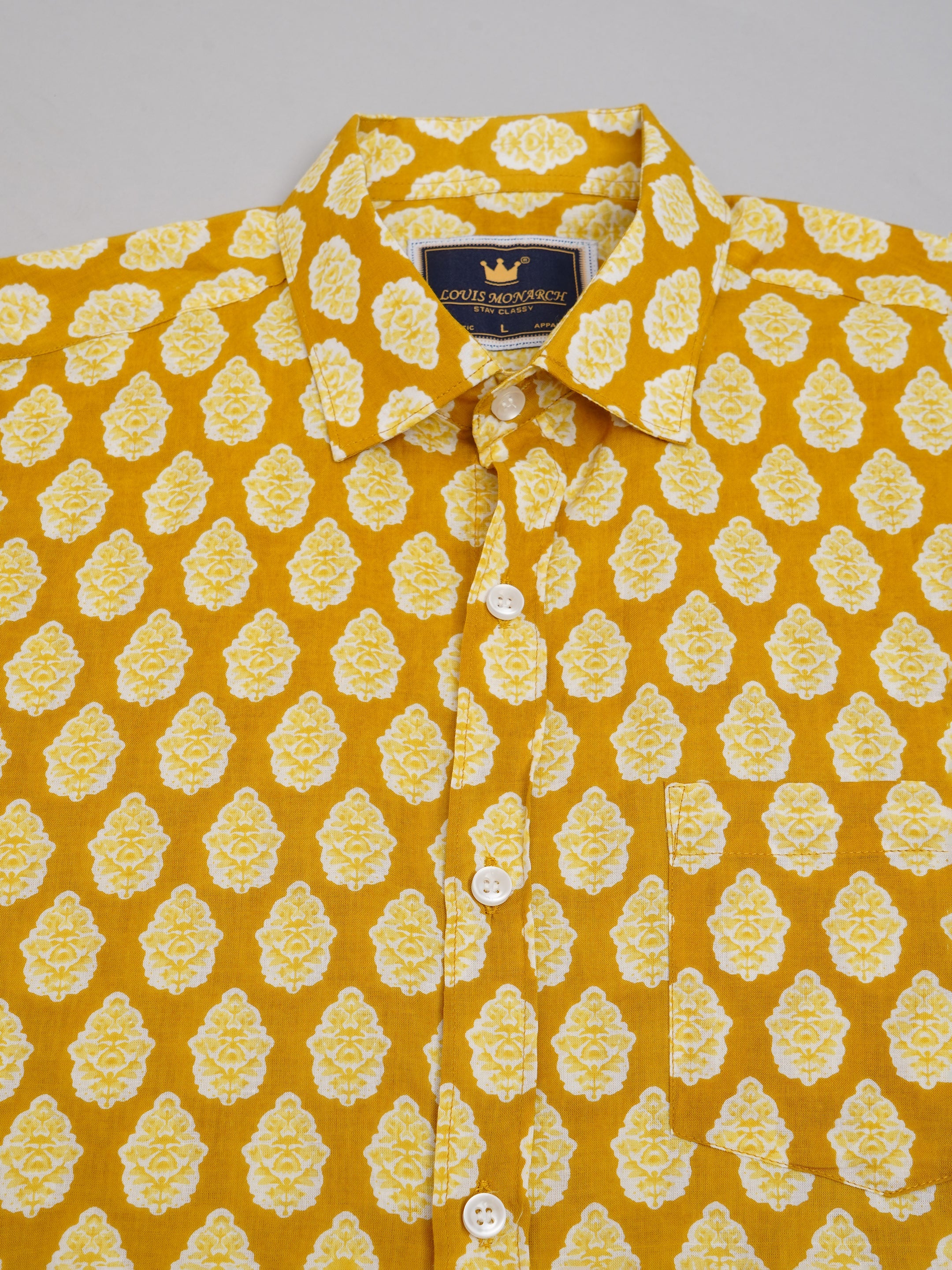Louis Monarch Premium Jaipuri Printed Cotton Yellow Half Sleeve Casual Shirt